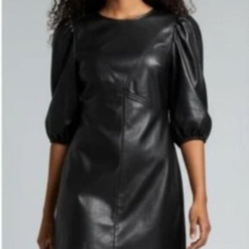 H & M Black Vegan Learher Balloon Sleeve Shift Dress Size S NWT